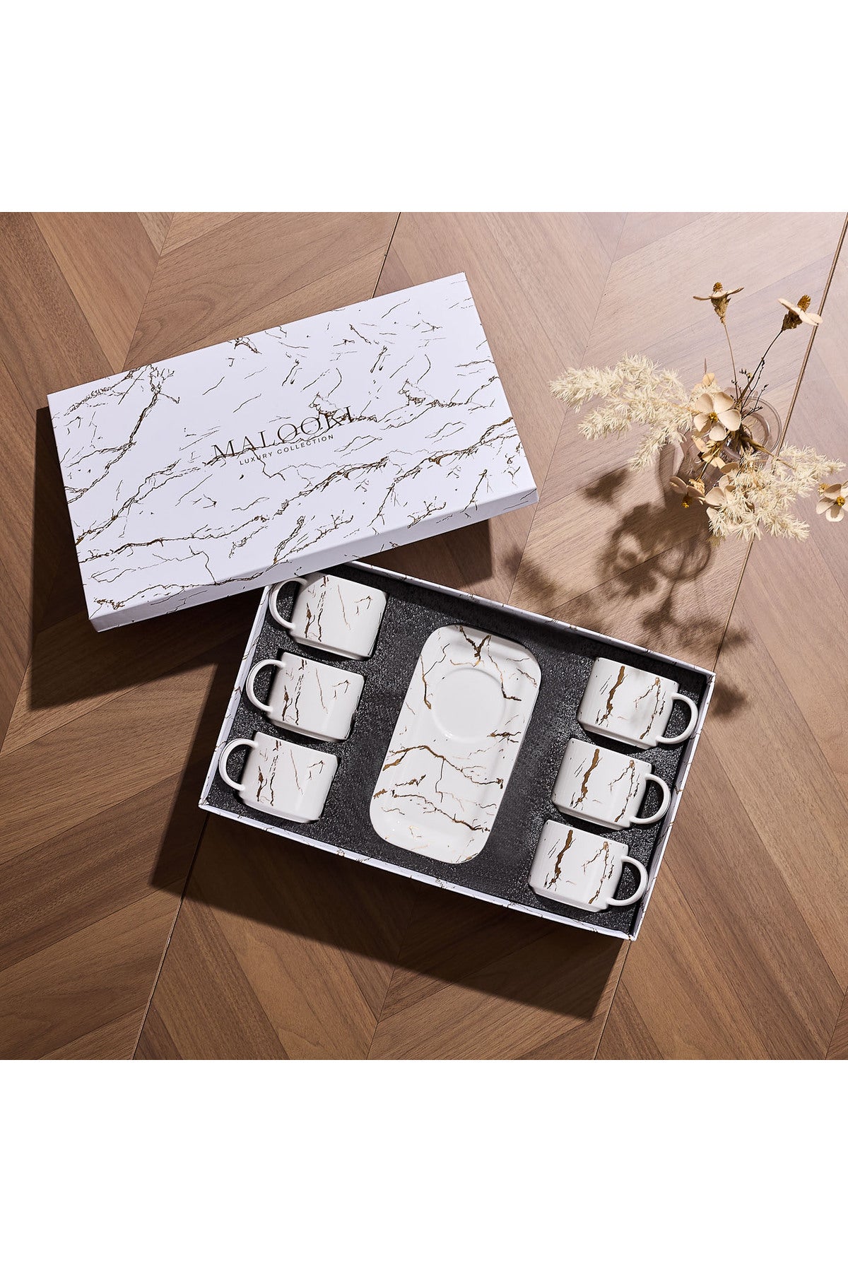 Set de 6 cești cu 6 farfurioare platou dreptunghiular, porțelan, 180 ml - Marble collection