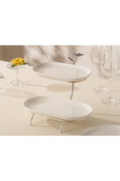 Platou etajat oval Candy Bar din Porțelan cu Suport Metalic Argintiu - 25.9 cm