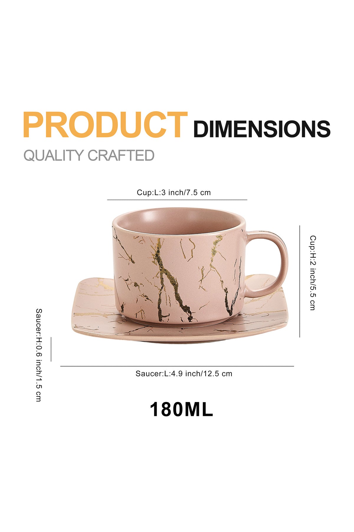 Set de 6 cești cu 6 farfurioare, 180 ml - Roz pal marmorat