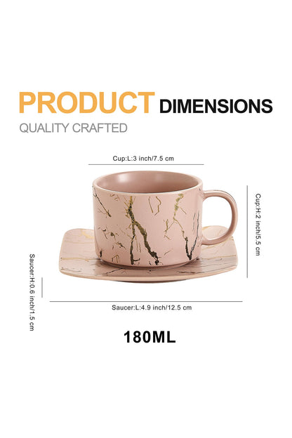 Set de 6 cești cu 6 farfurioare, 180 ml - Roz pal marmorat