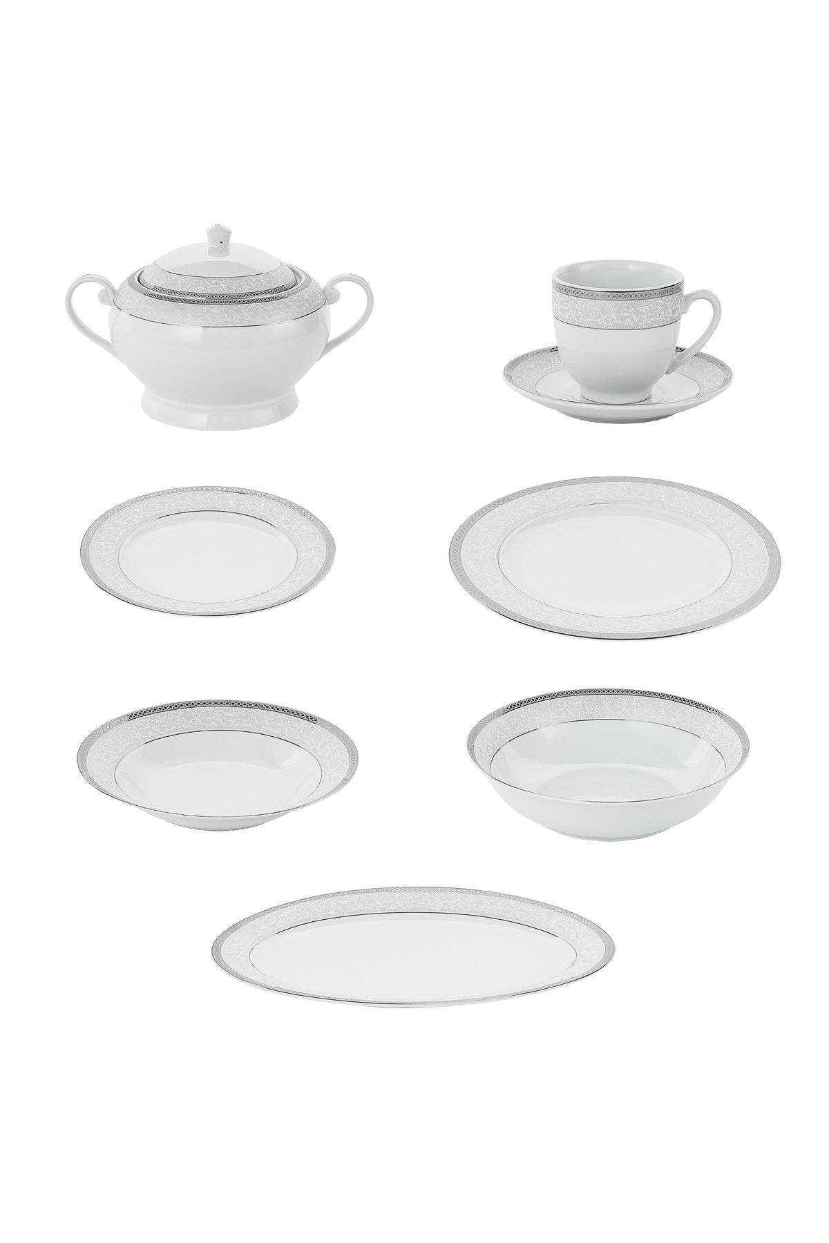 Serviciu de Masă 12 Persoane Royal Medallion din Porțelan 64 Piese Design Floral cu Bordură Arginti
