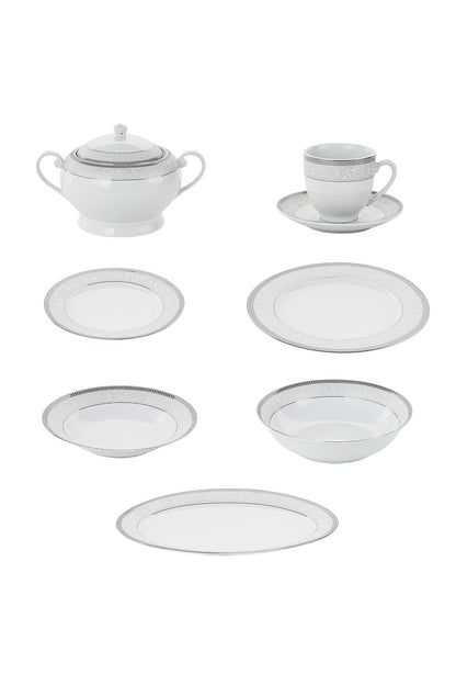 Serviciu de Masă 12 Persoane Royal Medallion din Porțelan 64 Piese Design Floral cu Bordură Arginti