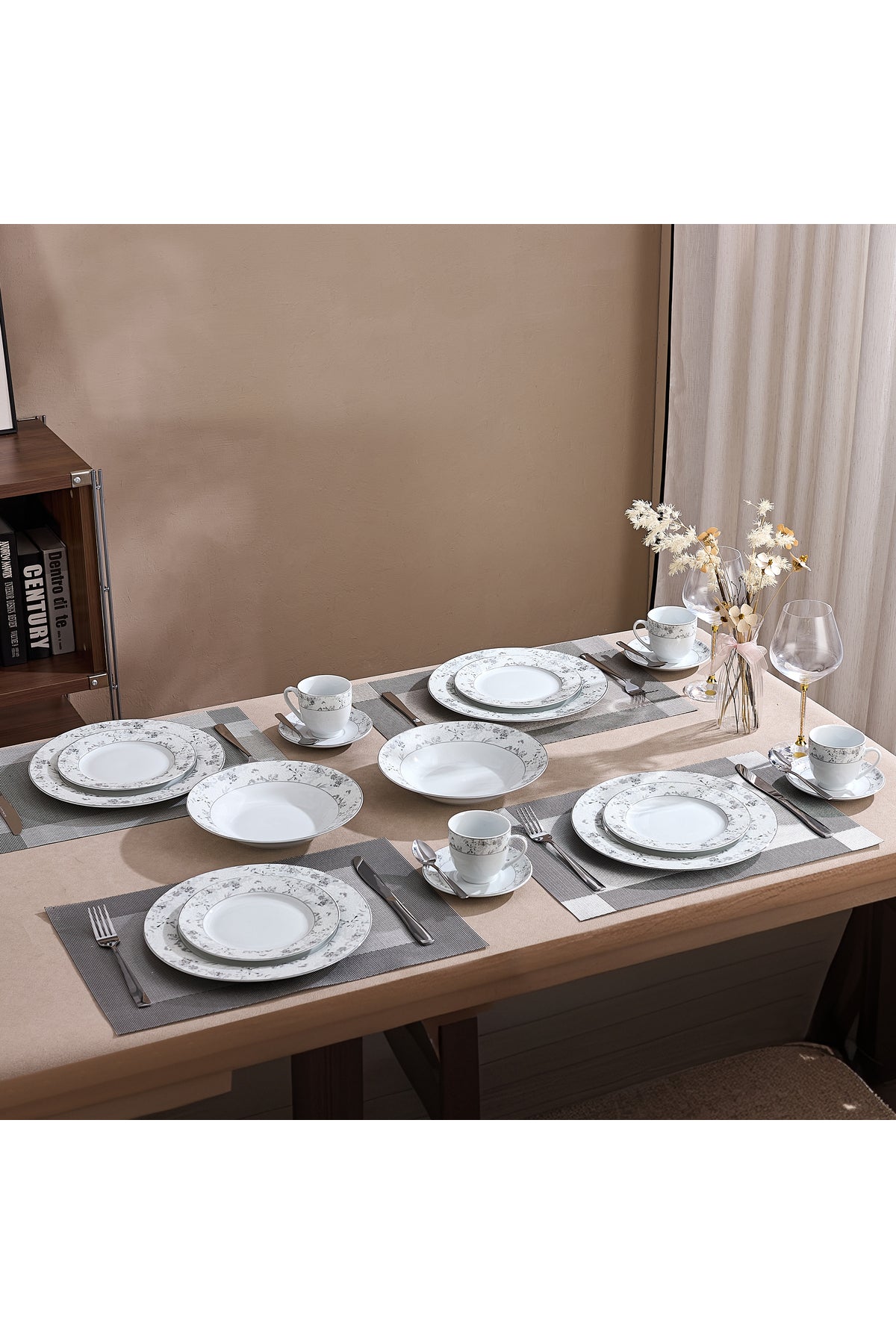 Serviciu de Masă6 persoane Charcoal Blossom din Porțelan Premium, 30 piese, Design Floral Dens