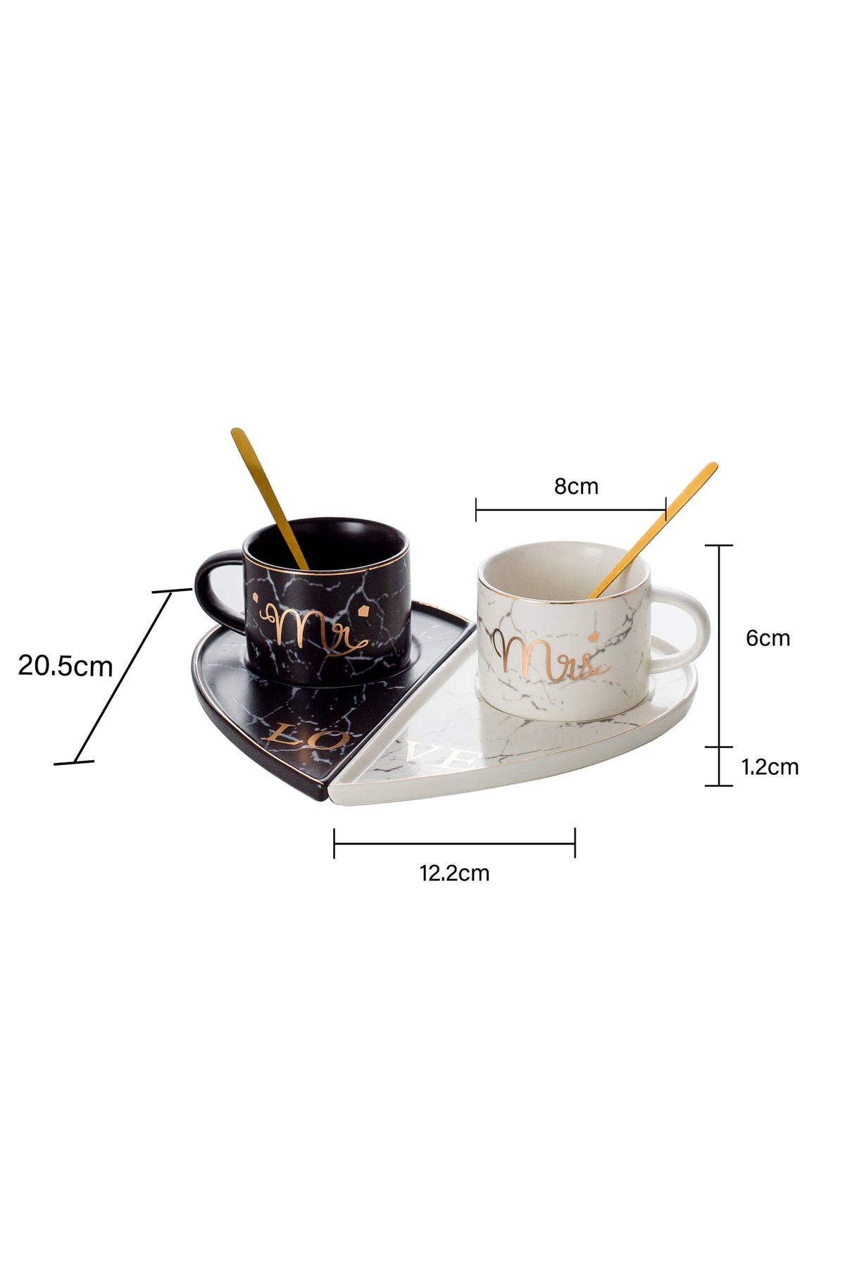 Set cești cafea Mr & Mrs 200 ml – porțelan marmurat, farfurioare inimă și lingurițe aurii