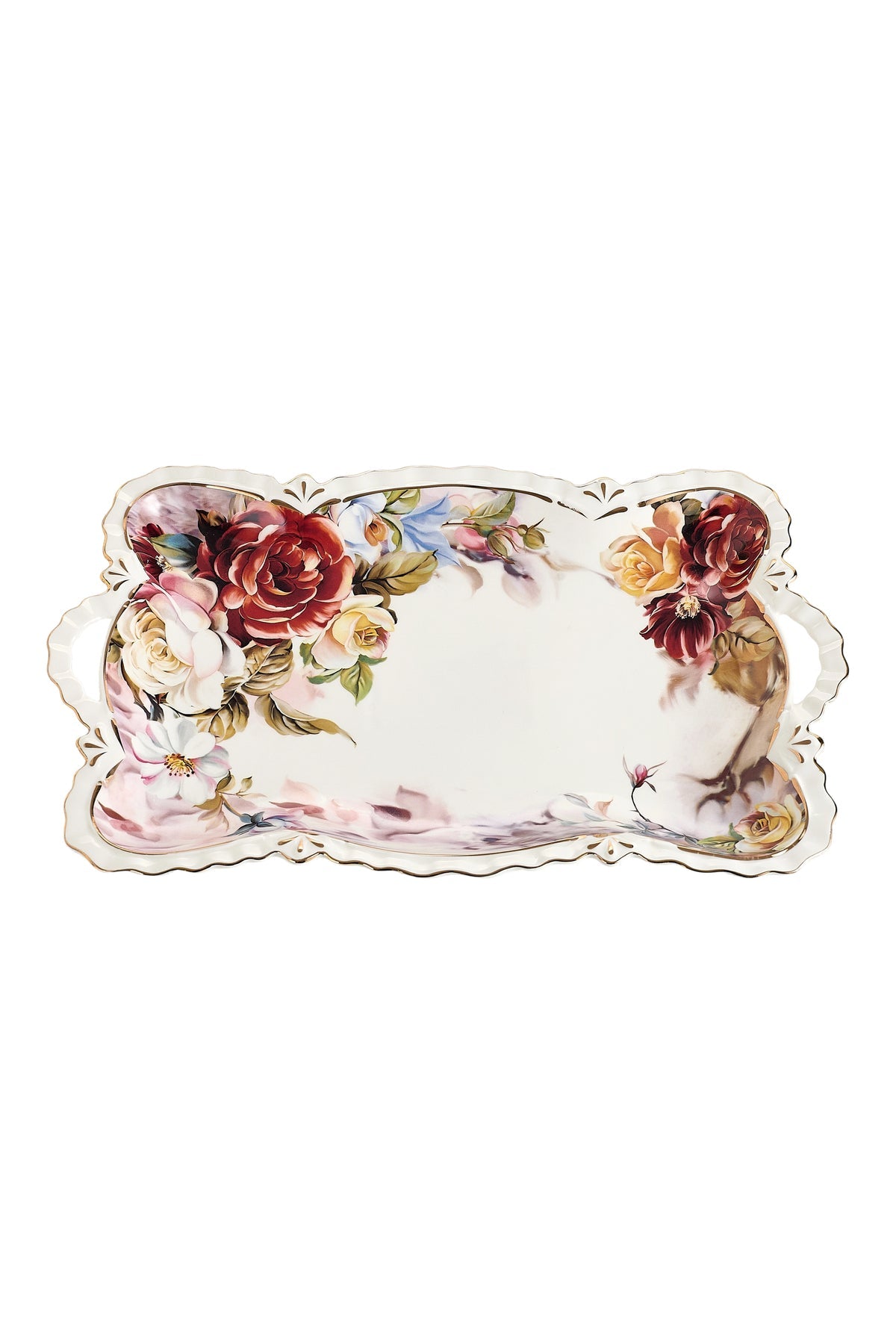 Tavă servire porțelan model floral vintage, mânere integrate, 42 x 27 cm