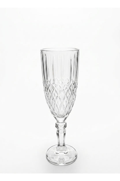 Set 6 pahare șampanie sticlă Crystal, model gravat romb, 165ml, transparent