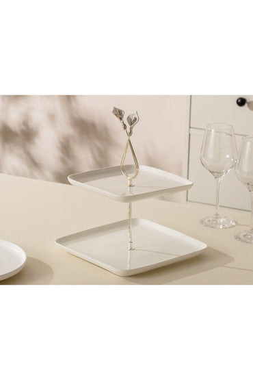 Platou etajat patrat Candy Bar din Porțelan cu Suport Metalic - 31.5 cm