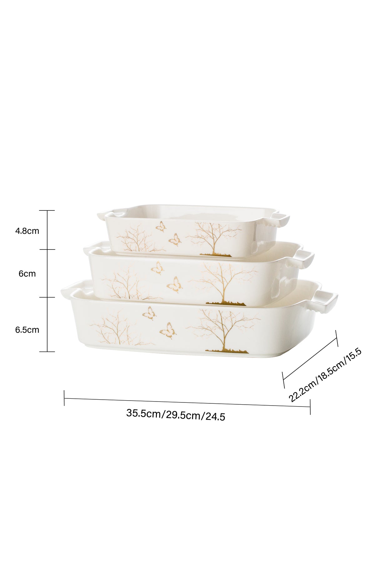 Set 3 tăvi cuptor Lifetree – porțelan alb cu copacul vieții auriu, rezistente la cuptor