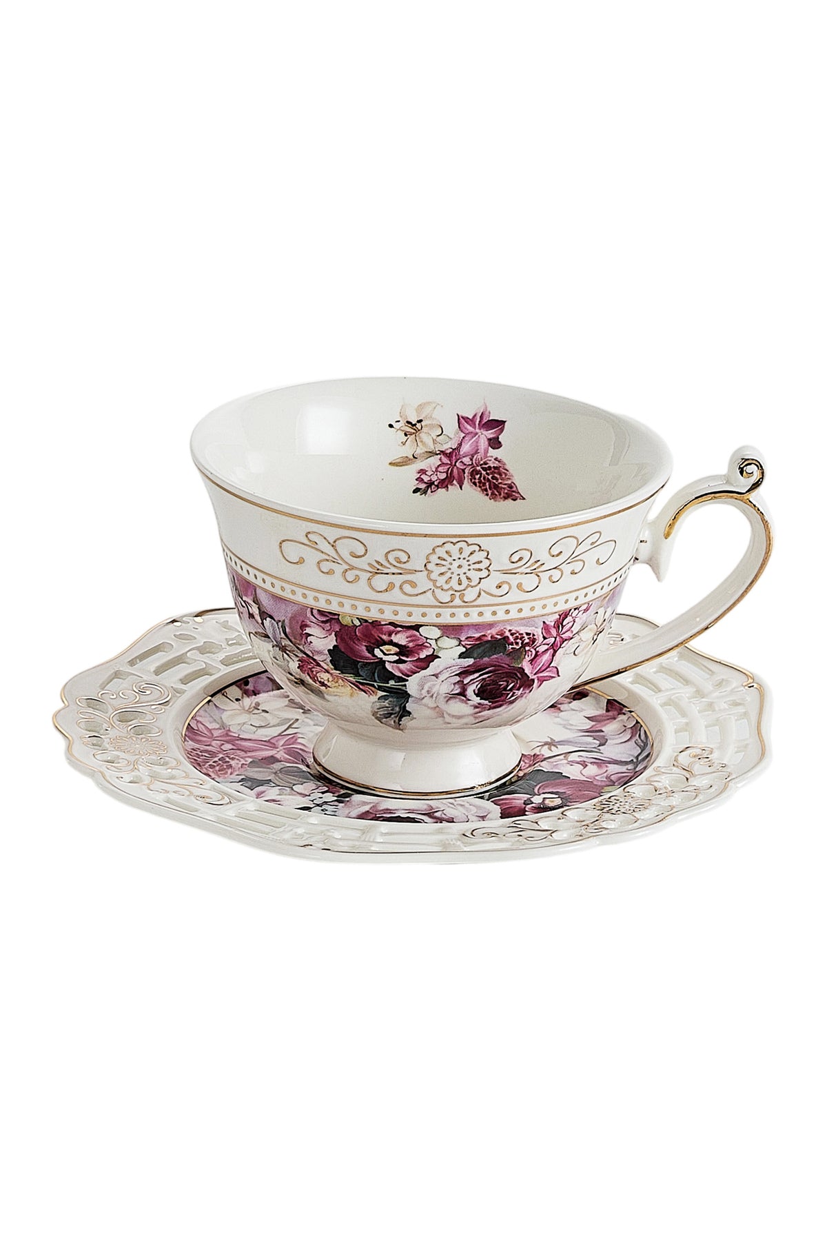 Set 6 cești espresso cu 6 farfurioare rotunde porțelan 90 ml – model floral elegant