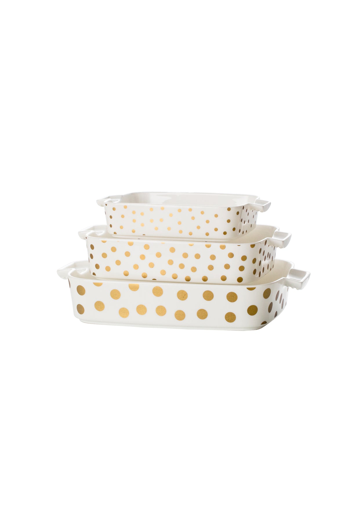Set 3 tăvi cuptor Dotted – porțelan alb cu buline aurii, rezistente la cuptor