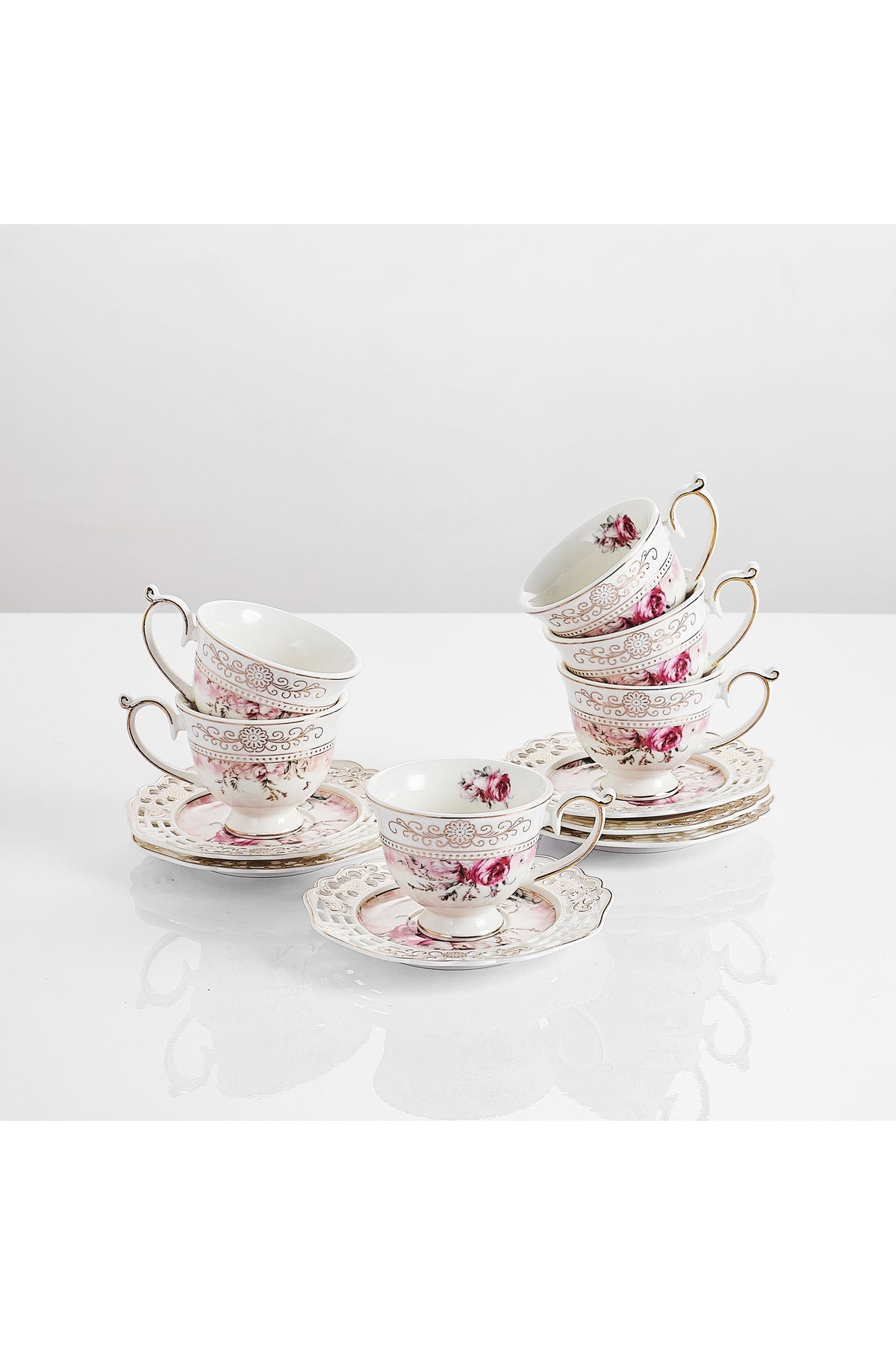 Set 6 cești espresso cu 6 farfurioare porțelan 90 ml – cești cafea model floral elegant