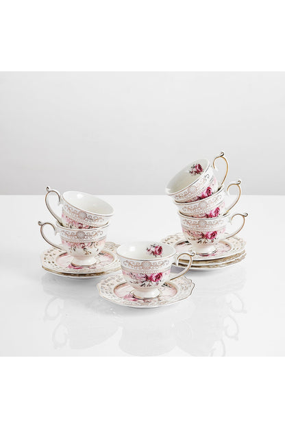 Set 6 cești espresso cu 6 farfurioare porțelan 90 ml – cești cafea model floral elegant