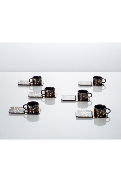 Set 6 Cești de cafea cu 6 farfurii dreptunghiulare, 90 ml, Porțelan – Negru marmorat