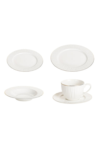 Serviciu de masă din porțelan 30 piese "Soare,set farfurii 6 persoane, decor relief cu margine aurie