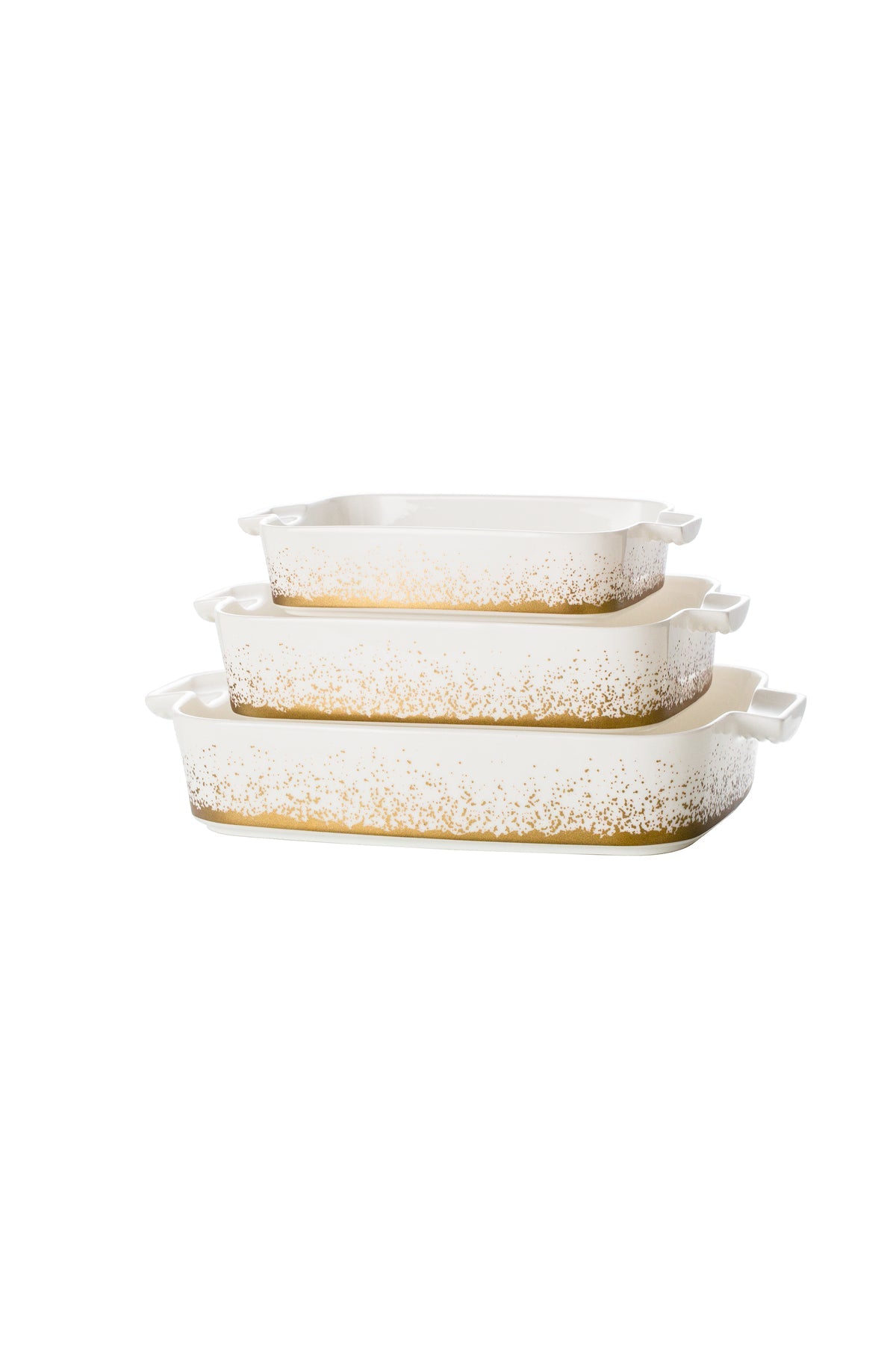 Set 3 tăvi cuptor Snowing – porțelan alb cu particule aurii în degradeu, rezistente la cuptor