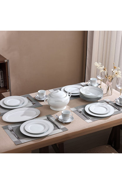 Serviciu de Masă 12 Persoane Starlight Silver din Porțelan , 64 Piese, Design și Bordură Argintie