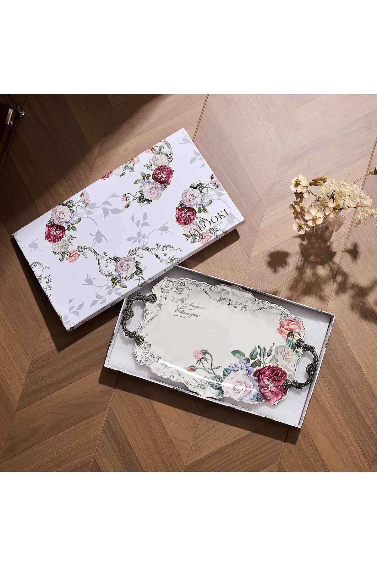 Tavă servire porțelan ovală model floral vintage, mânere metalice bronz, 44.5 cm