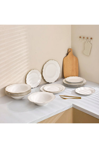 Set masă 18 piese porțelan Dubai, alb cu bordură aurie, 6 persoane
