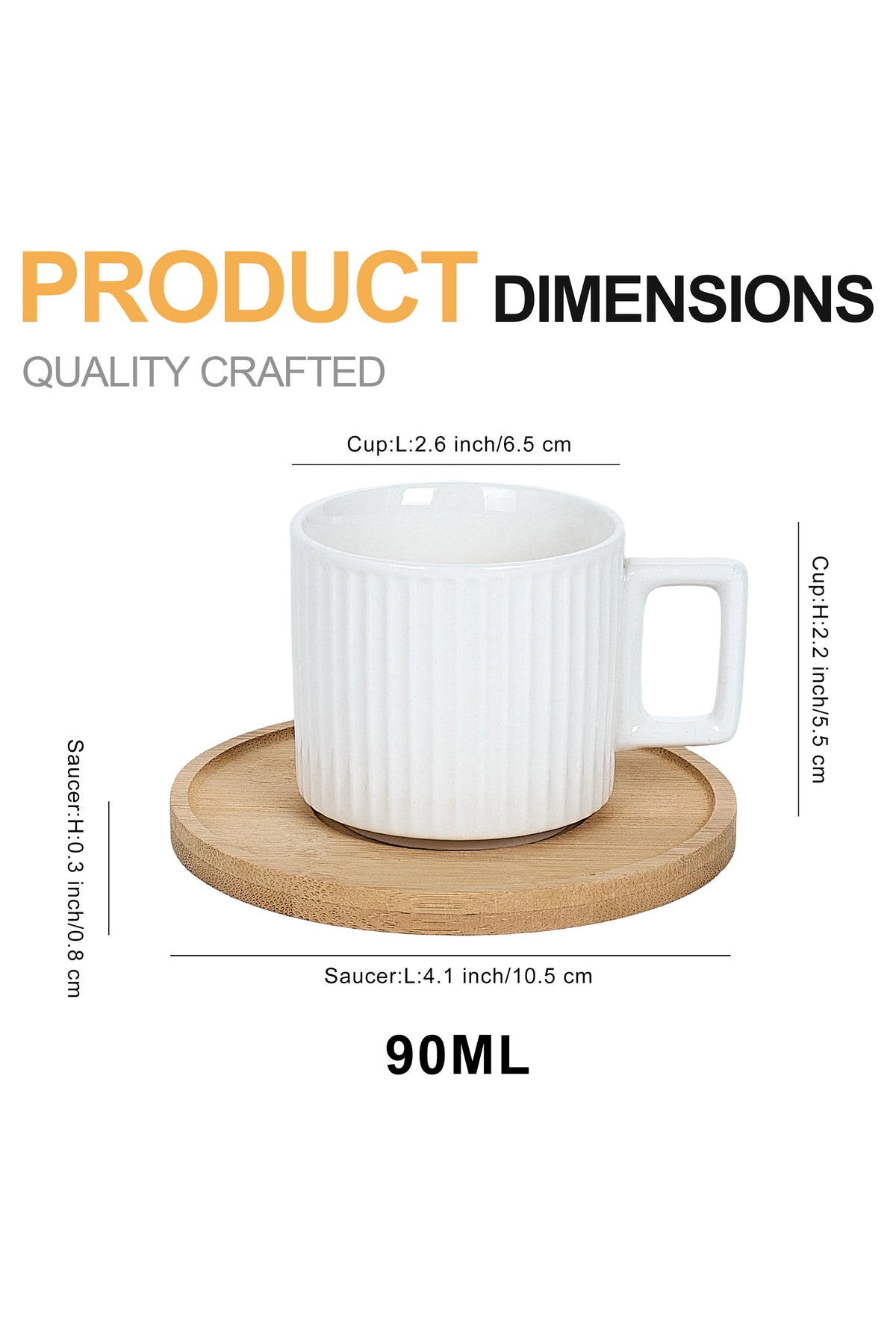 Set 6 cești espresso porțelan Block cu farfurioare bambus, 90ml, alb