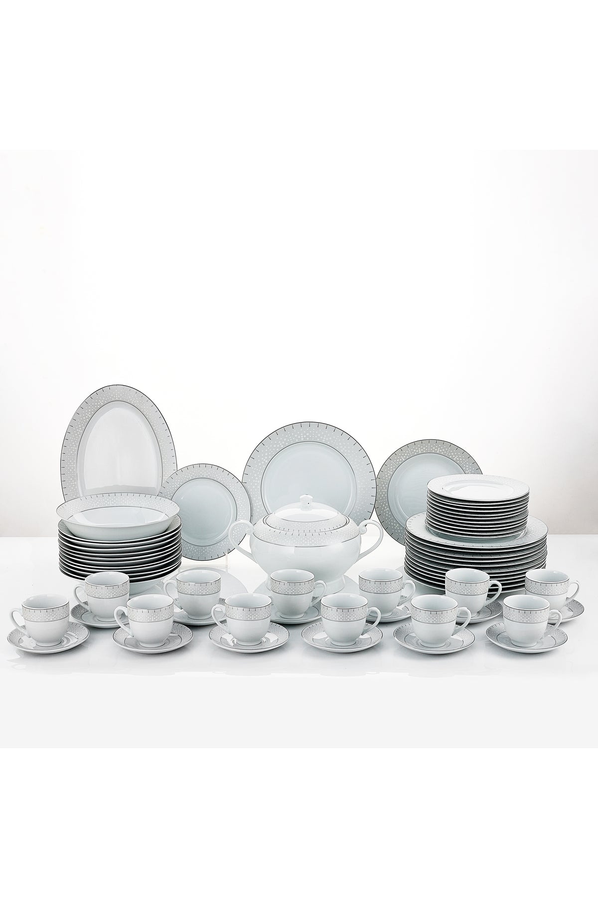 Serviciu de Masă 12 Persoane Starlight Silver din Porțelan , 64 Piese, Design și Bordură Argintie