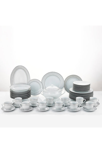 Serviciu de Masă 12 Persoane Starlight Silver din Porțelan , 64 Piese, Design și Bordură Argintie