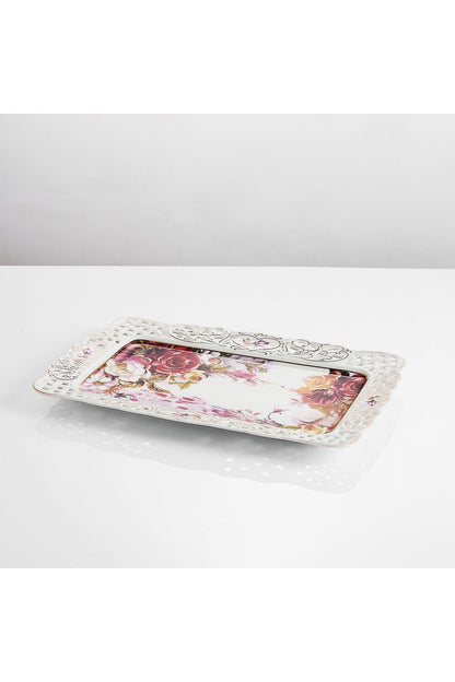 Tavă servire porțelan model floral vintage, margini dantelate decupate, 36 x 23 cm