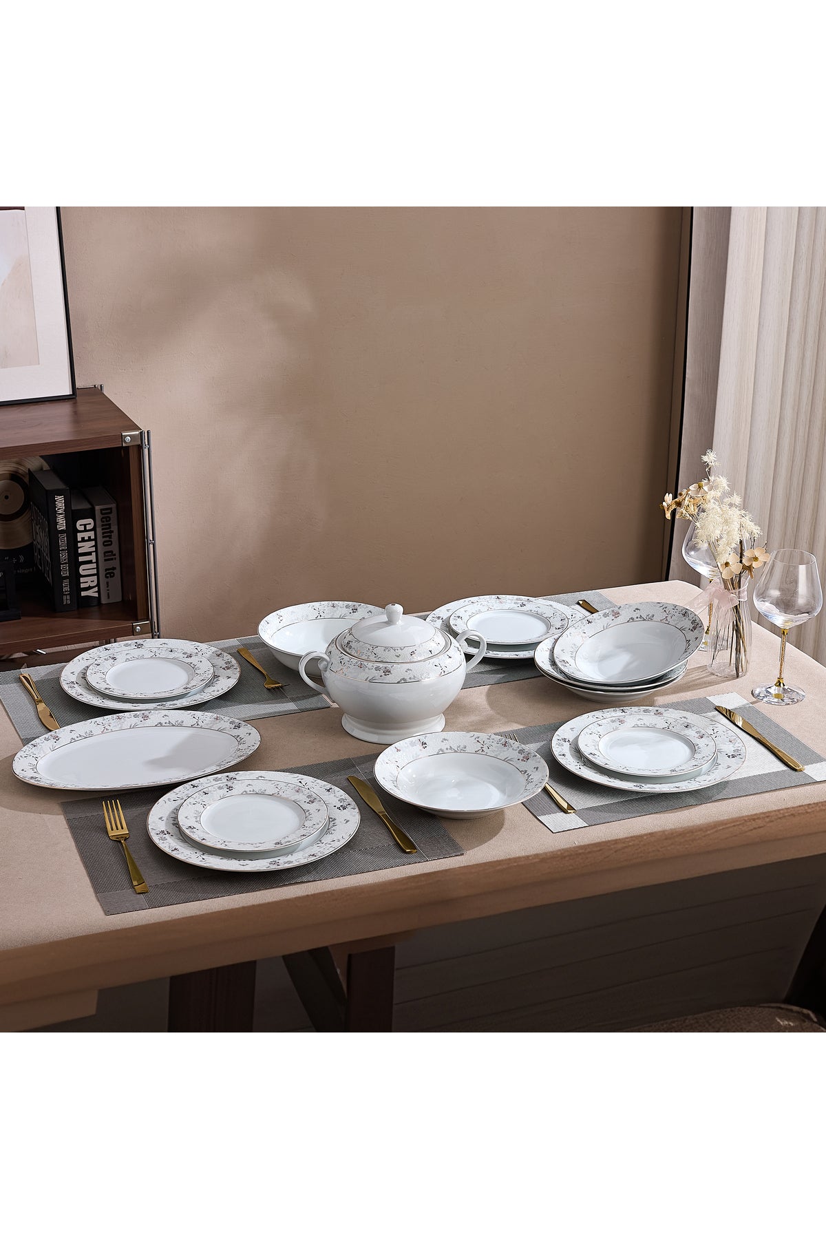 Serviciu de Masă 12 Persoan Golden Blossom din Porțelan 40 pieseDesign Floral Bogat cu Detalii Aurii