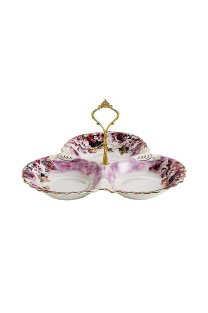 Platou compartimentat 3 secțiuni porțelan, model floral vintage, mâner auriu