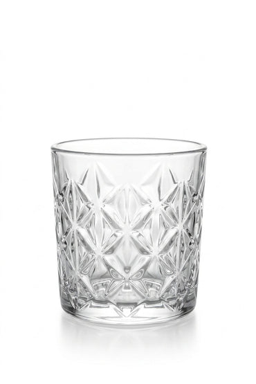Set 6 pahare whisky sticlă Star, model stea gravat, 340ml, transparent