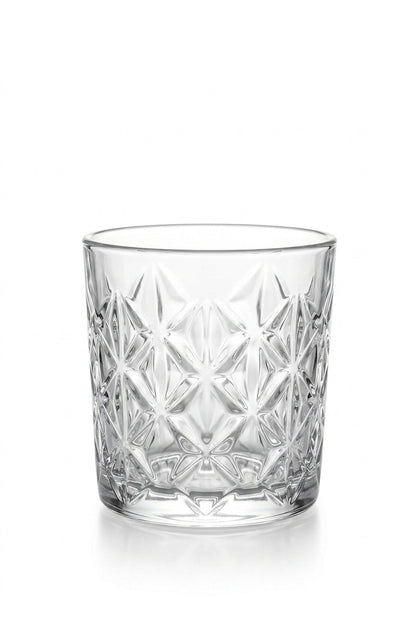 Set 6 pahare whisky sticlă Star, model stea gravat, 340ml, transparent
