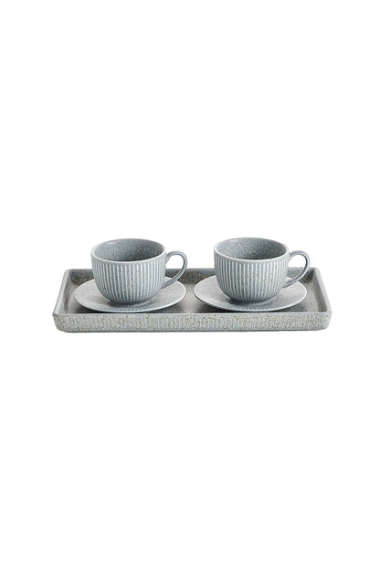 Set Servire Cafea - 2 Cești 190ml, 2 Farfurioare și platou Porțelan - Gri piatra