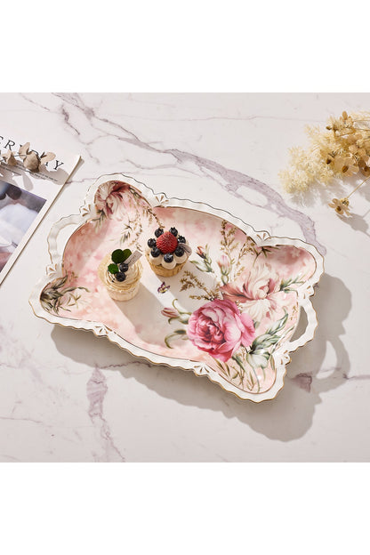Tavă servire porțelan model floral vintage, mânere integrate, 42 x 27 cm