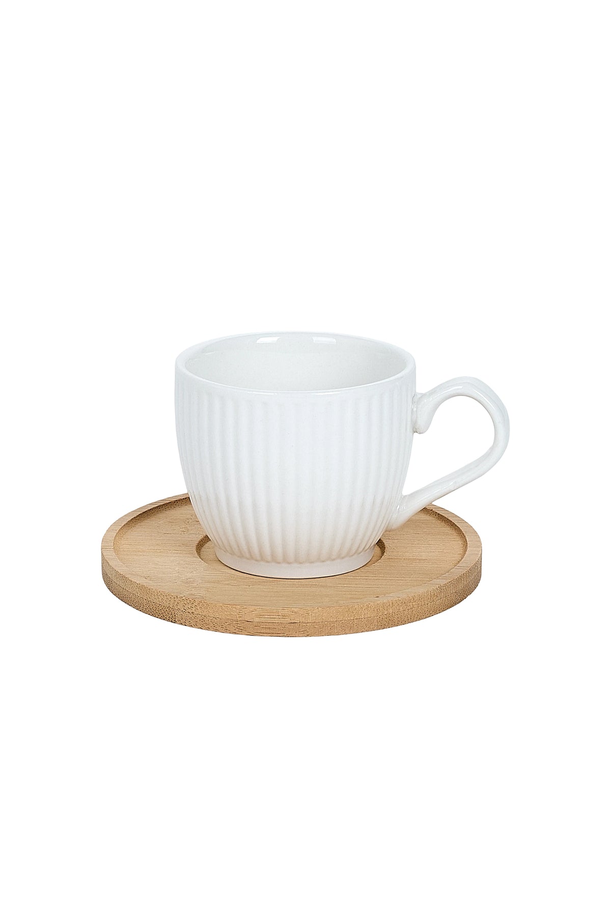 Set 6 cești espresso porțelan Groove cu farfurioare bambus, 90ml, alb