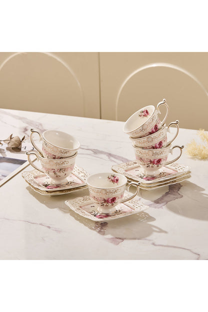 Set 6 cești espresso cu 6 farfurioare porțelan 90 ml – cești cafea model floral elegant