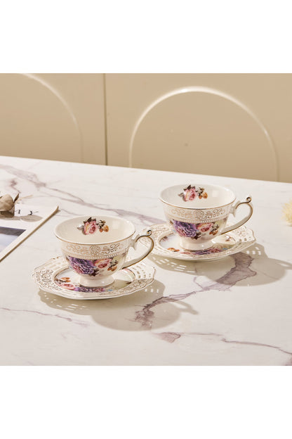 Set 2 cești cafea cu 2 farfurioare rotunde porțelan 200 ml – model floral elegant