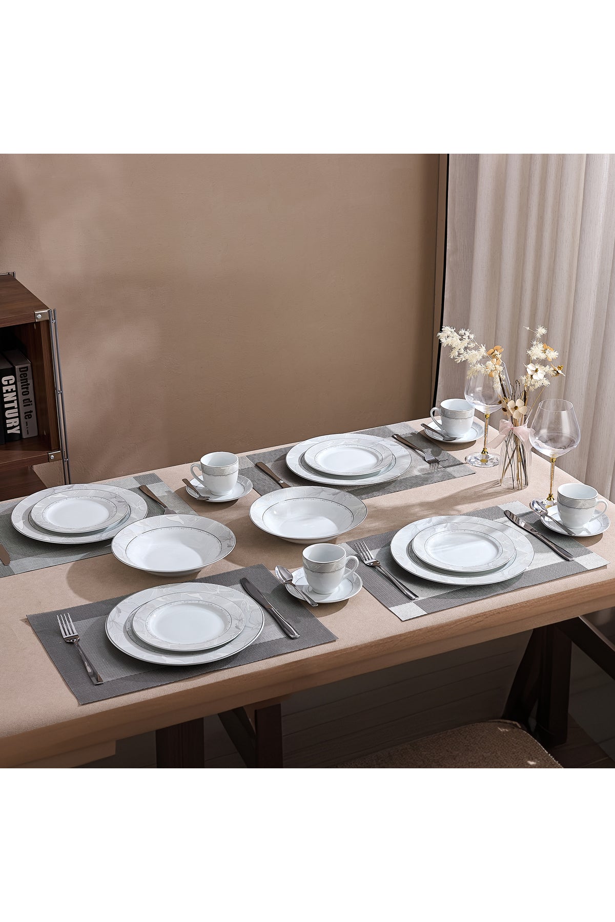 Serviciu de Masă 6 persoane Silver Leaf din Porțelan 30 piese, Design Floral cu Bordură Argintie