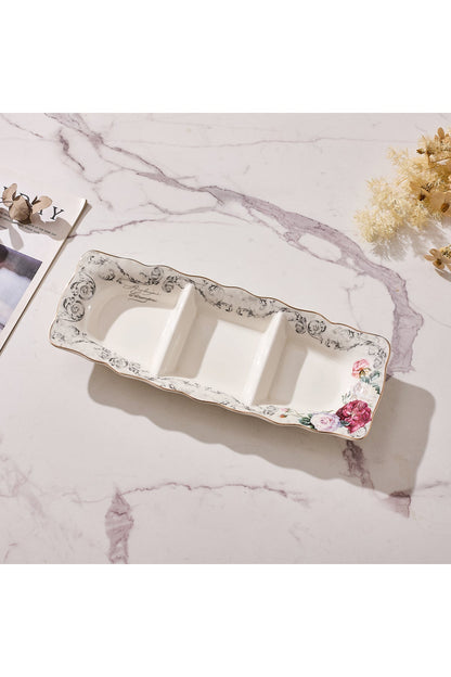 Platou compartimentat 3 secțiuni porțelan model floral vintage, 27 x 14.5 cm