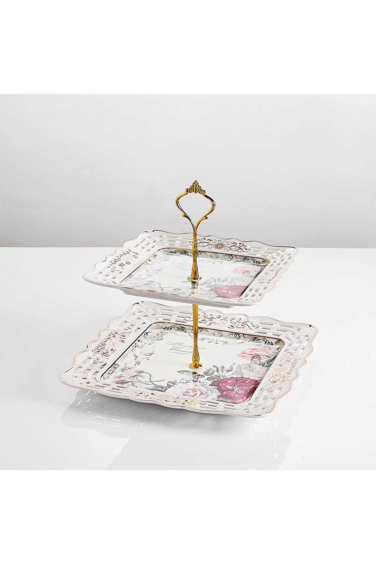 Platou etajat 2 niveluri porțelan, model floral vintage, tijă metalică aurie