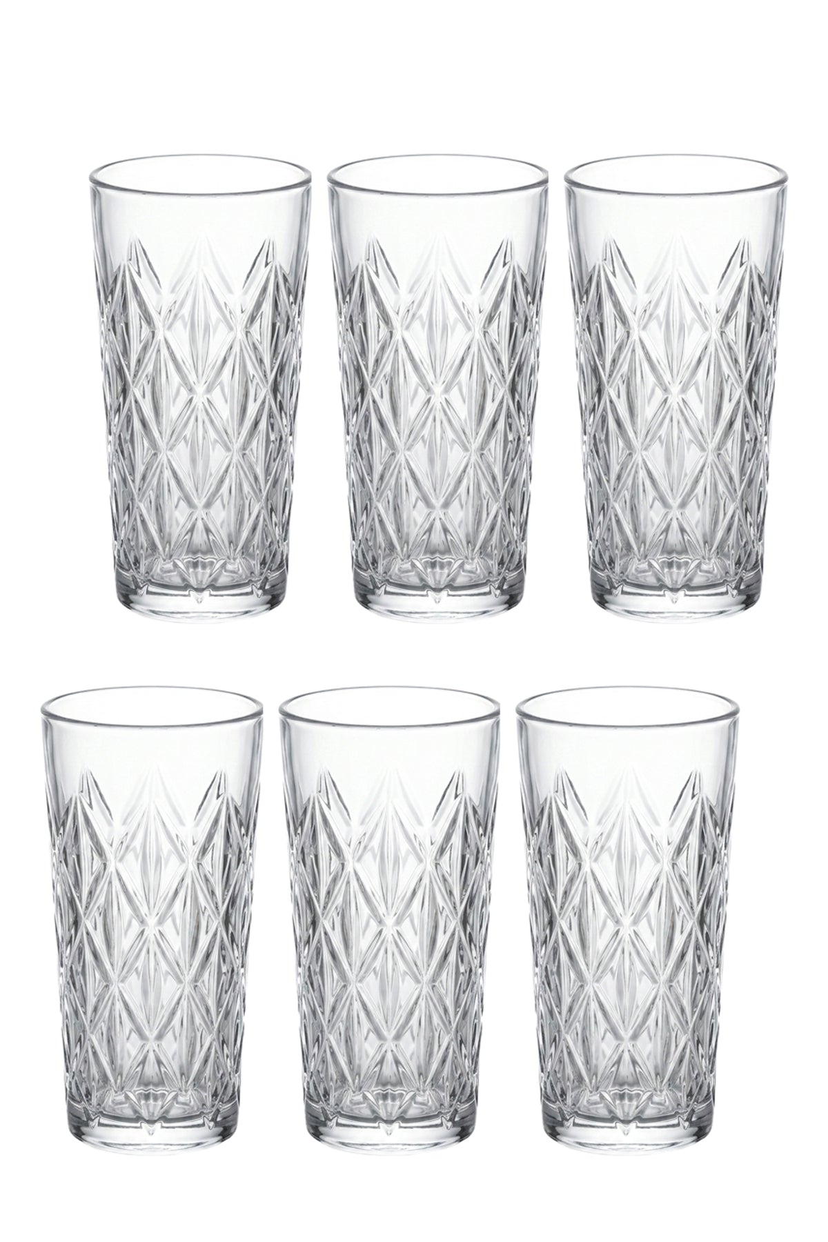 Set 6 pahare highball sticlă Star, model stea gravat, 330ml, transparent
