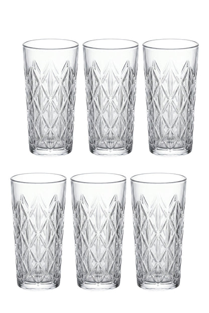 Set 6 pahare highball sticlă Star, model stea gravat, 330ml, transparent