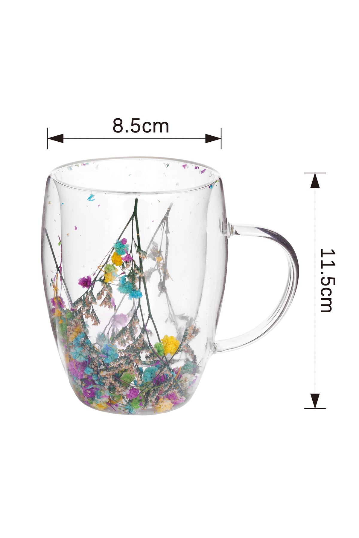 Cană din Sticlă cu Pereți Dubli "BELLA", cu Flori Naturale Uscate - 350 ml