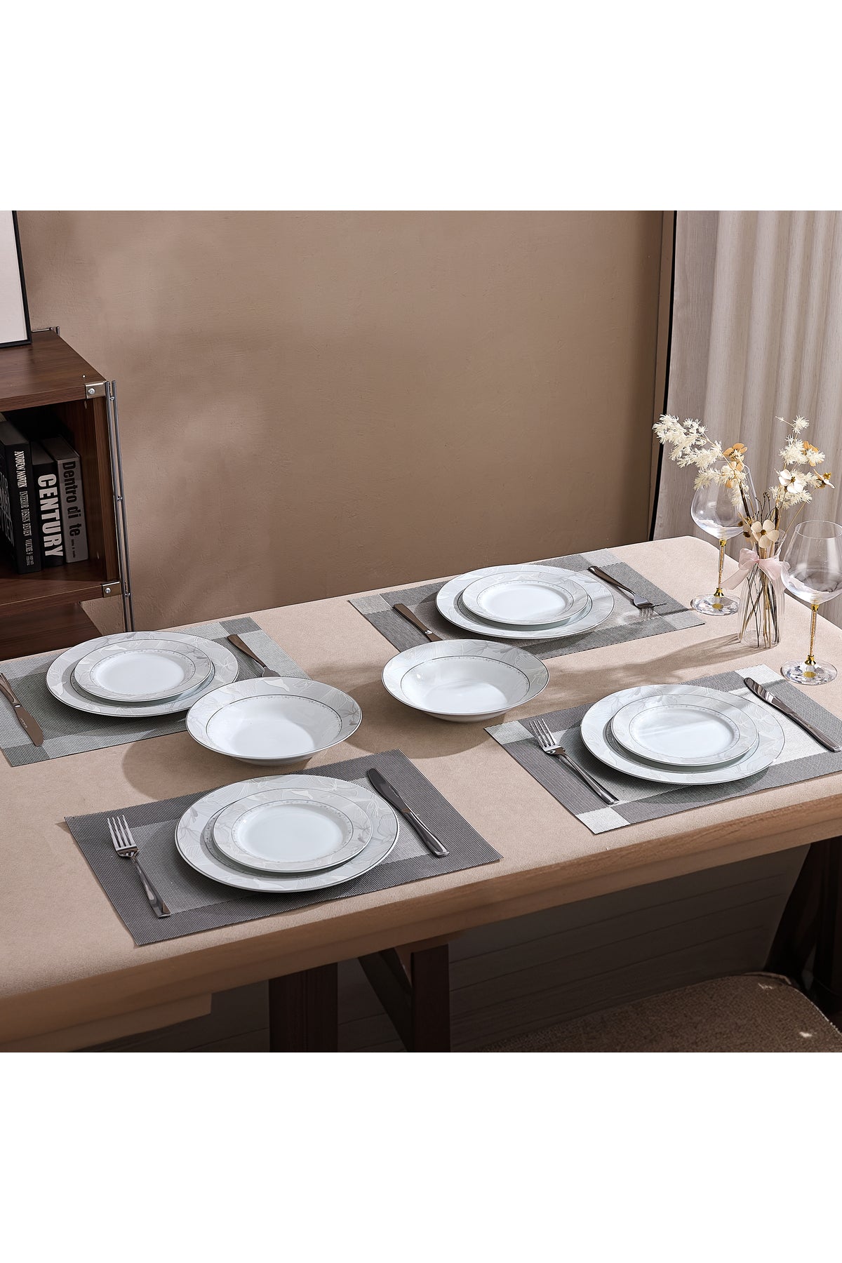 Serviciu de Masă 6 persoane Silver Leaf din Porțelan 18 Piese, Design Floral cu Bordură Argintie