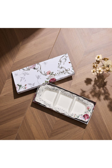 Platou compartimentat 3 secțiuni porțelan model floral vintage, 27 x 14.5 cm