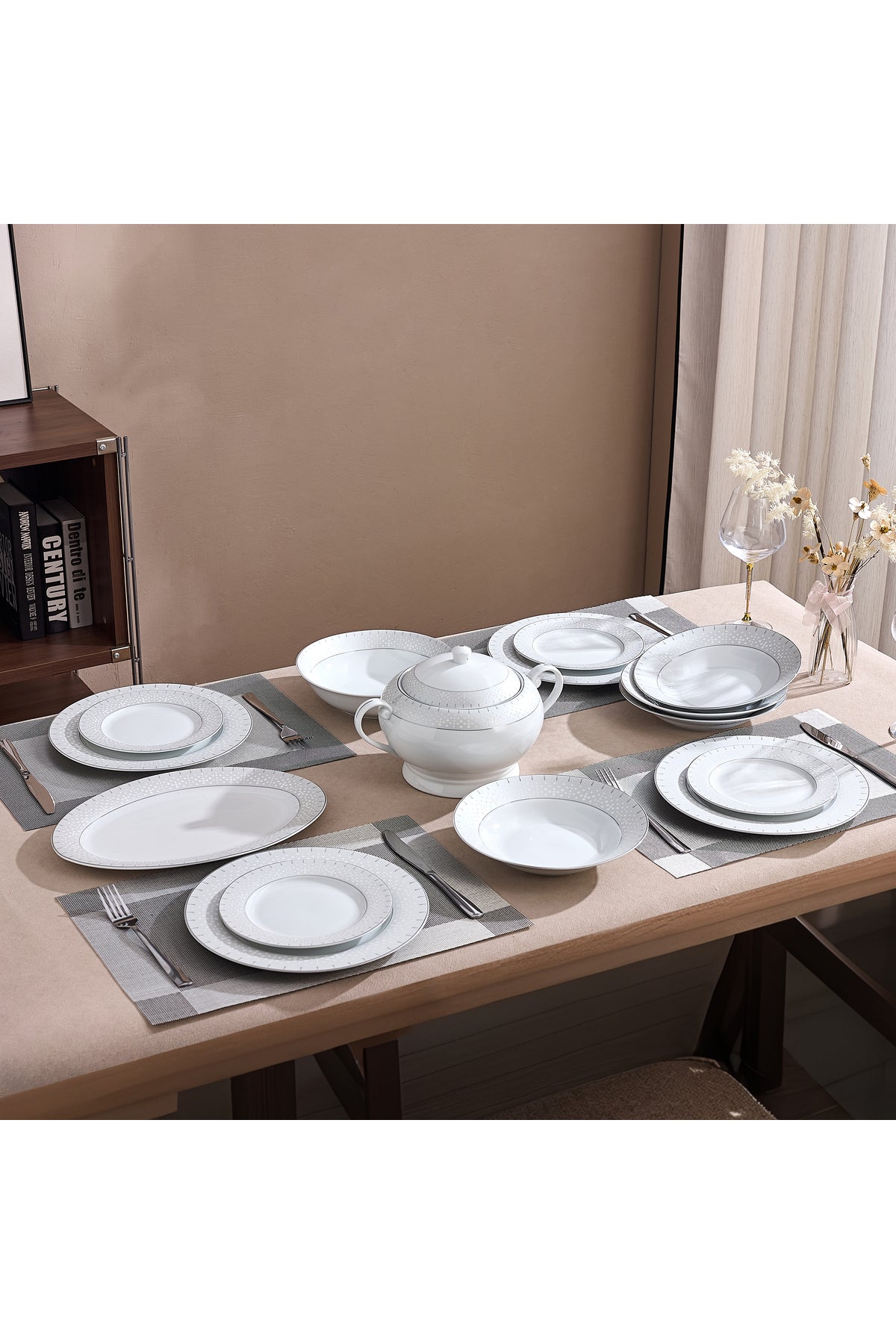 Serviciu de Masă 12 Persoane Starlight Silver din Porțelan , 40 piese, Design și Bordură Argintie