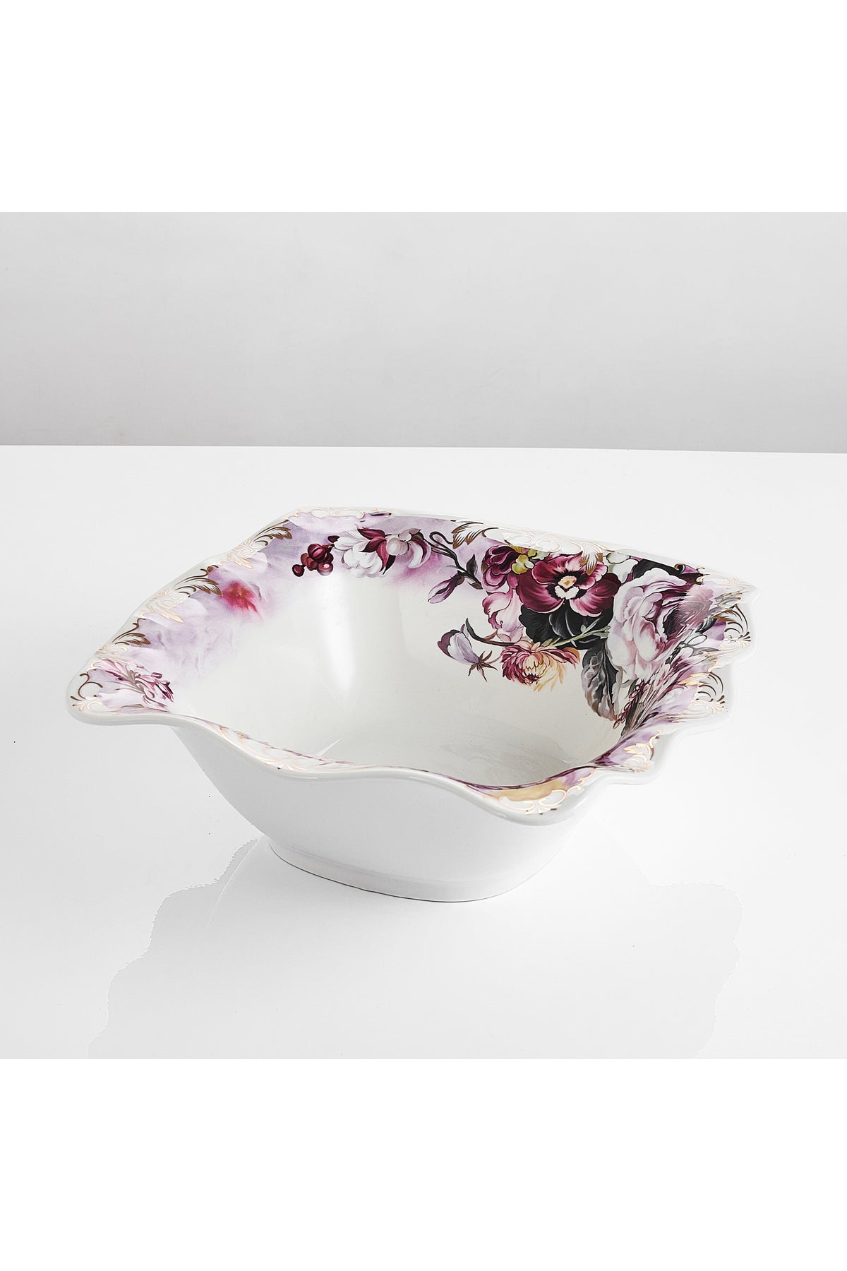 Bol porțelan model floral vintage, margini ondulate, 26.5 cm
