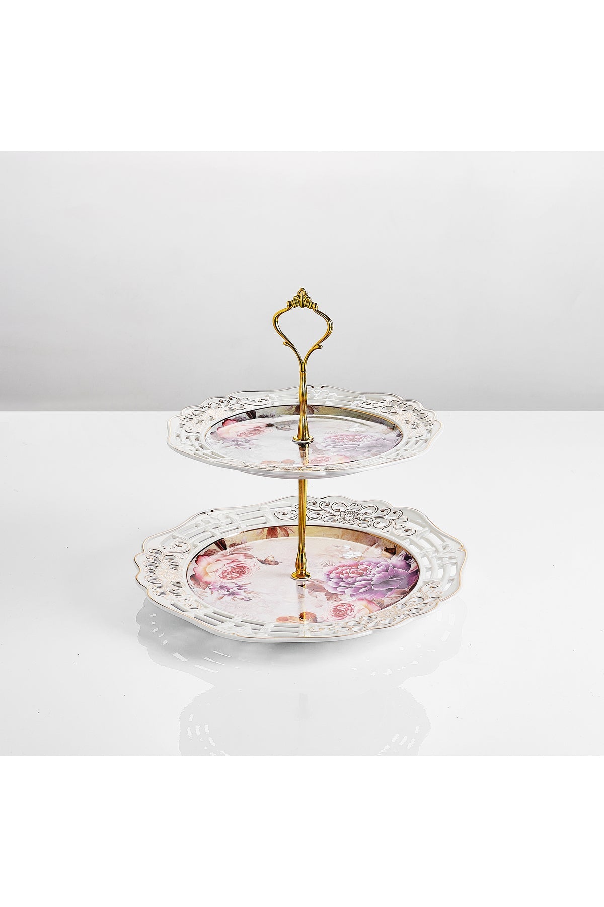 Platou etajat 2 niveluri porțelan, model floral vintage, platouri rotunde