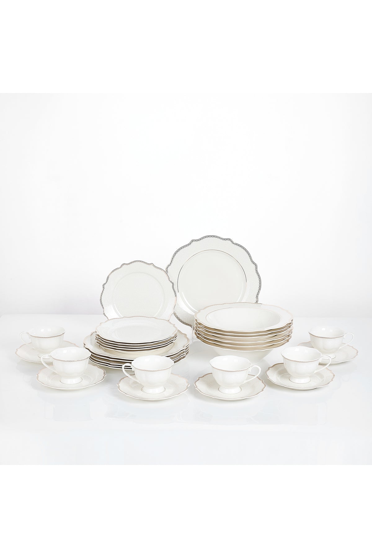 Set masă 30 piese porțelan Arabesque, alb cu bordură argintie, 6 persoane