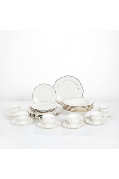 Set masă 30 piese porțelan Arabesque, alb cu bordură argintie, 6 persoane