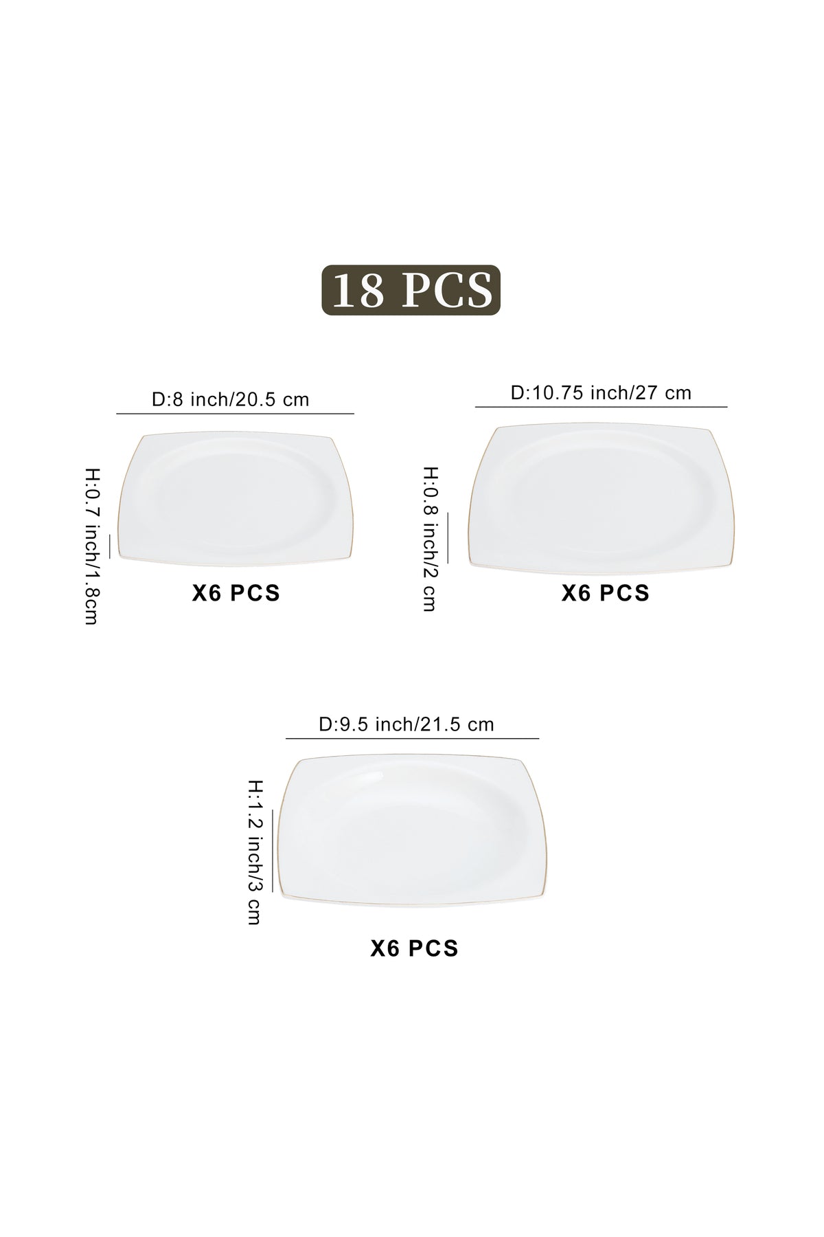 Set masă 18 piese porțelan Quadro, alb cu bordură aurie, design pătrat, 6 persoane