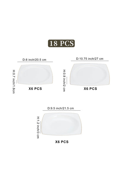 Set masă 18 piese porțelan Quadro, alb cu bordură aurie, design pătrat, 6 persoane